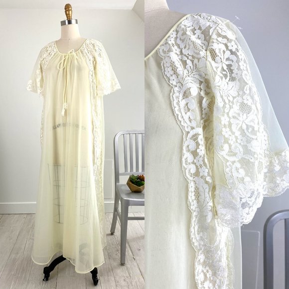 Vtg 60s Mad Men SHADOWLINE Ethereal Lemon Chiffon Peignoir Pinup Robe Gown